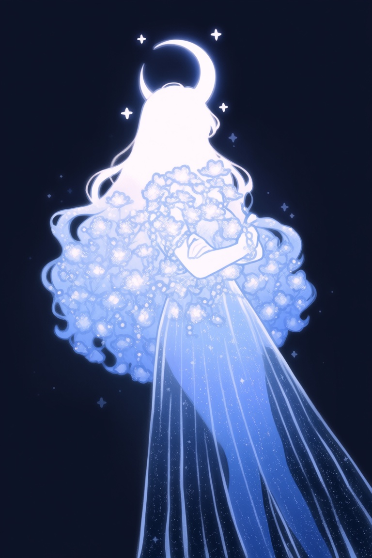 b8b0,  sparkle,  crescent moon resting on 1girl's head like horns on Tensor.Art
