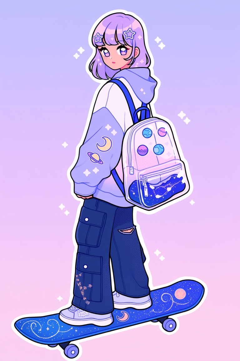 b8b0,  sparkle,  girl with star-shaped hair clips riding skateboard with galaxy deck design on Tensor.Art