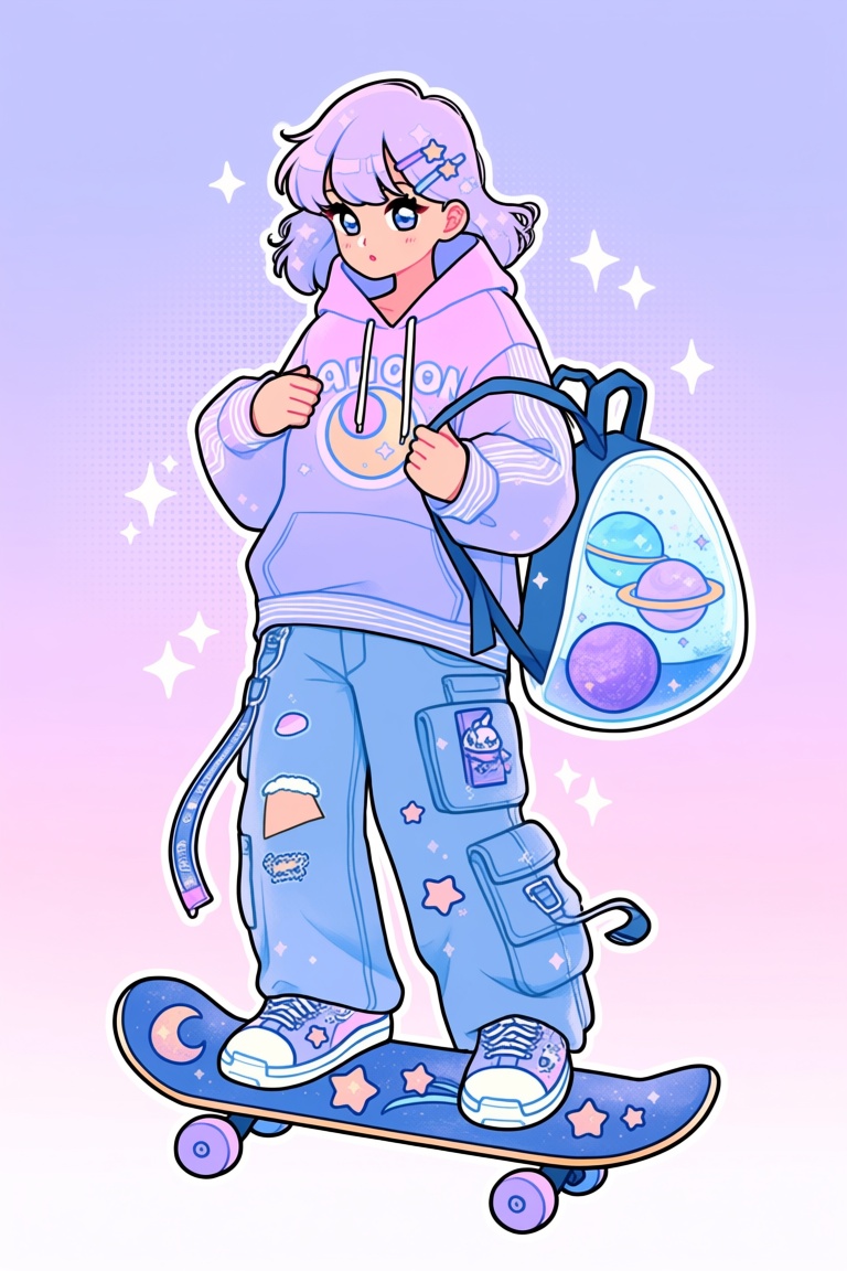 b8b0,  sparkle,  girl with star-shaped hair clips riding skateboard with galaxy deck design on Tensor.Art
