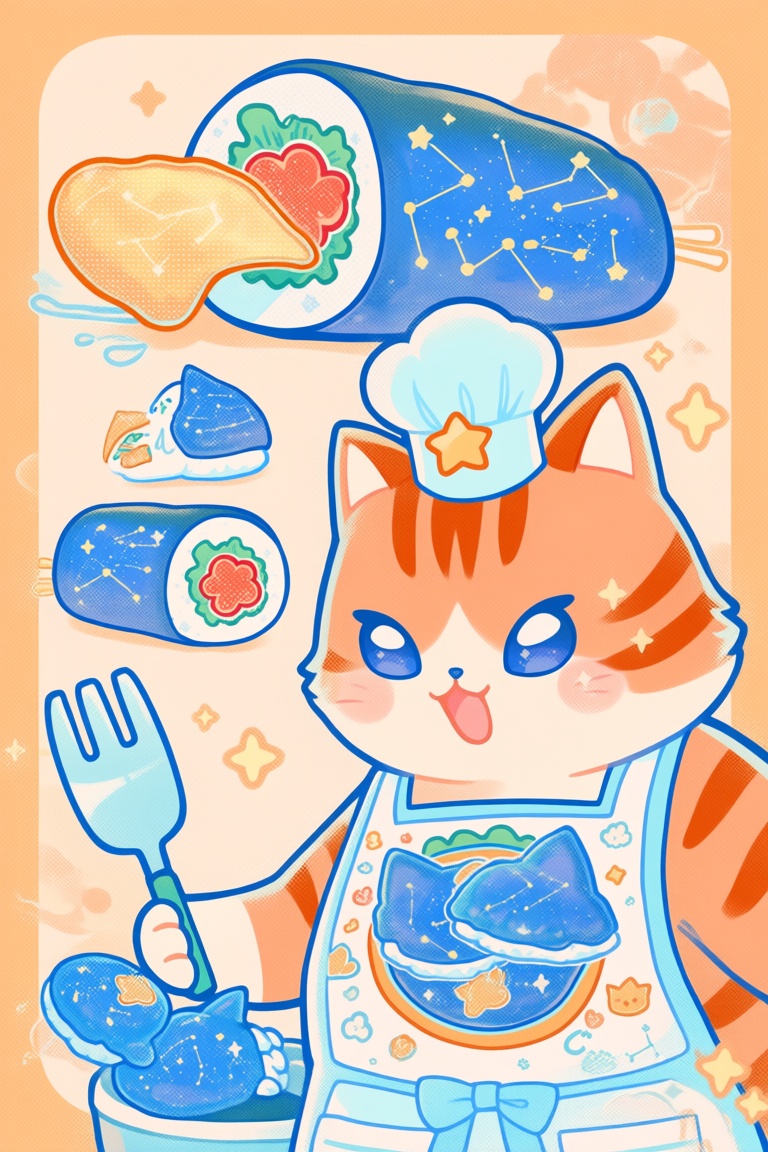 b8b0,  sparkle,  sushi chef cat making maki rolls with galaxy rice on Tensor.Art