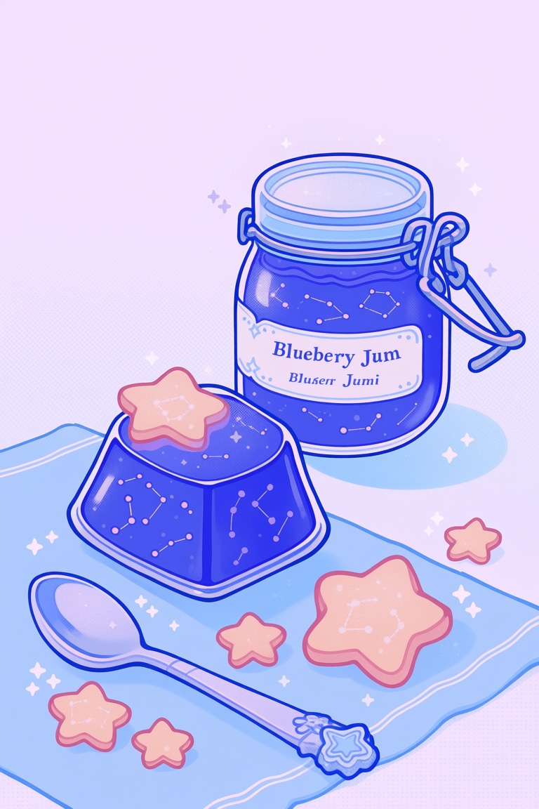b8b0,  sparkle,  glass jar of blueberry jam with constellation label on Tensor.Art