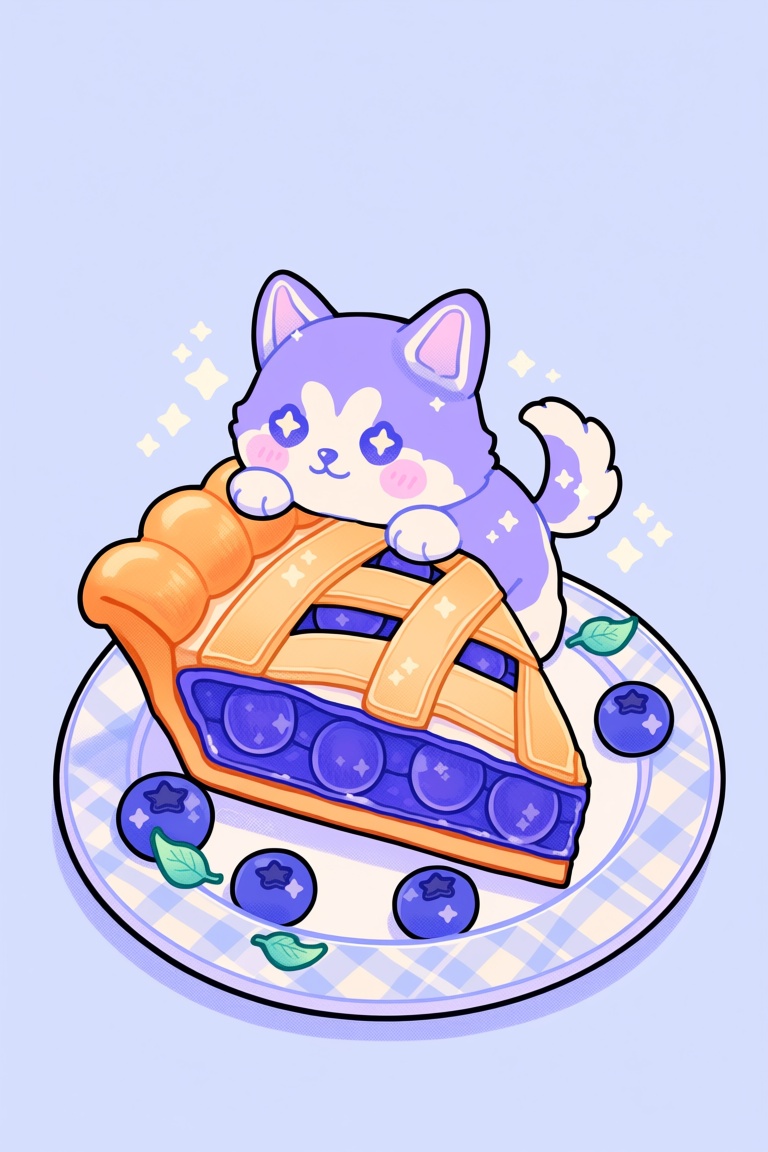 b8b0,  sparkle,  cute puppy with blush stickers peeking out of blueberry pie slice on Tensor.Art