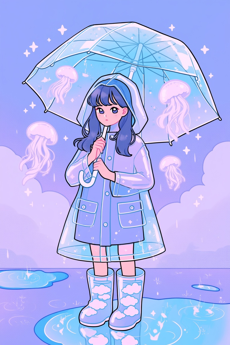 b8b0,  sparkle,  girl holding transparent umbrella with jellyfish swimming inside on Tensor.Art