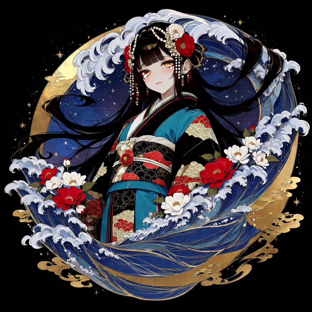 A stunning full-body portrait of a graceful sea princess with long,  flowing dark hair adorned with intricate pearl and go...