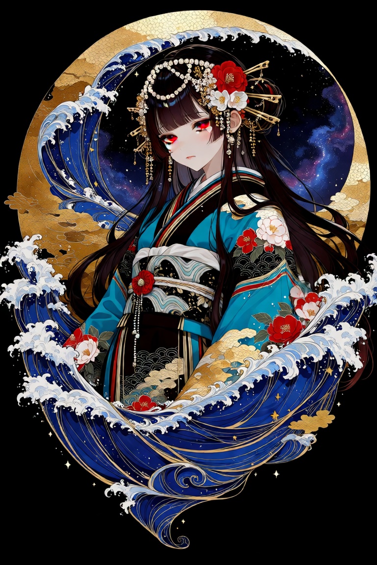 A stunning full-body portrait of a graceful sea princess with long,  flowing dark hair adorned with intricate pearl and go...