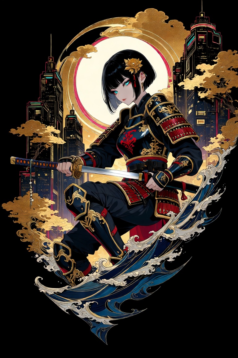 A dynamic mid-shot of a modern cyber samurai warrior with sleek black hair and piercing,  cold cyan eyes,  clad in contemp...