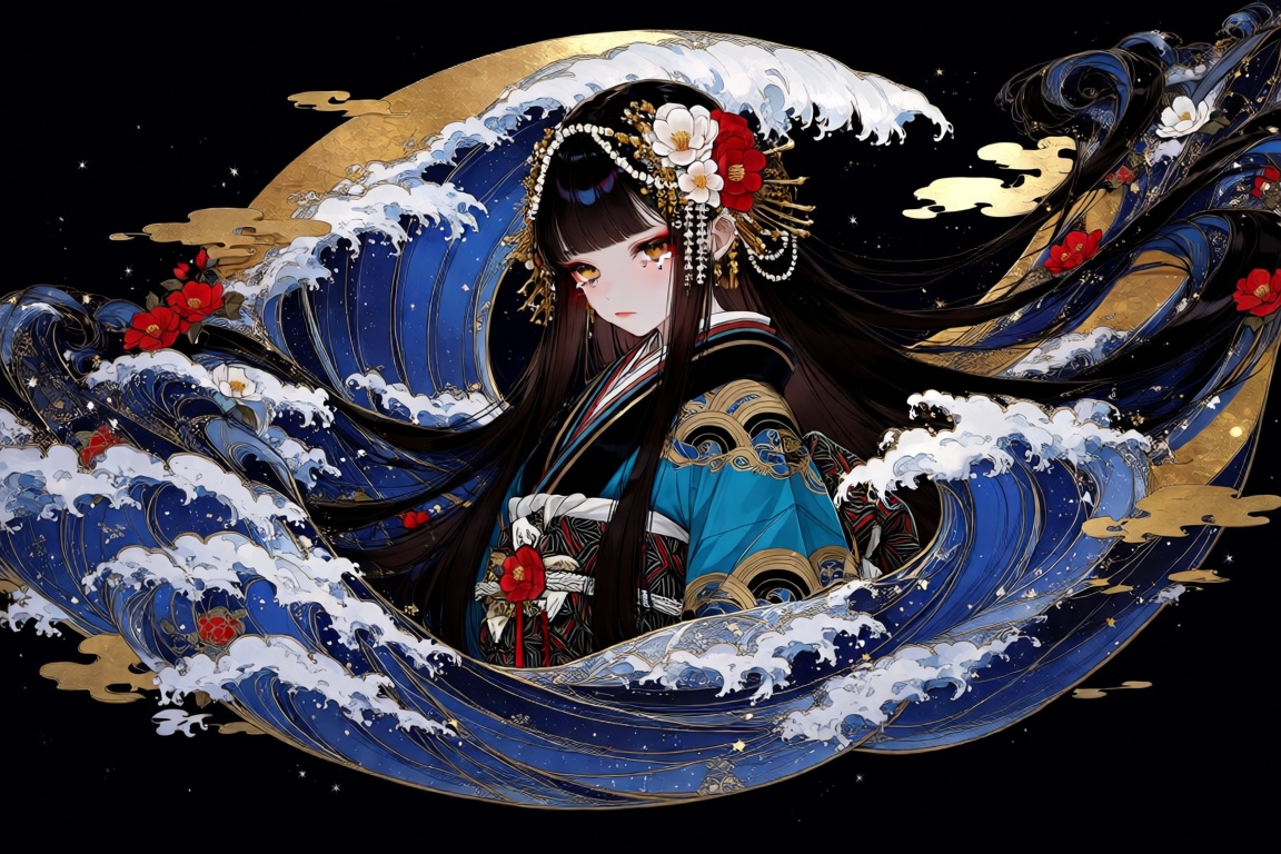 A stunning full-body portrait of a graceful sea princess with long,  flowing dark hair adorned with intricate pearl and go...