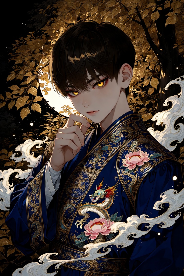 A close-up portrait of a young Buddhist monk with sharp,  intense golden eyes and pale skin,  wearing an ornate on Tensor.Art