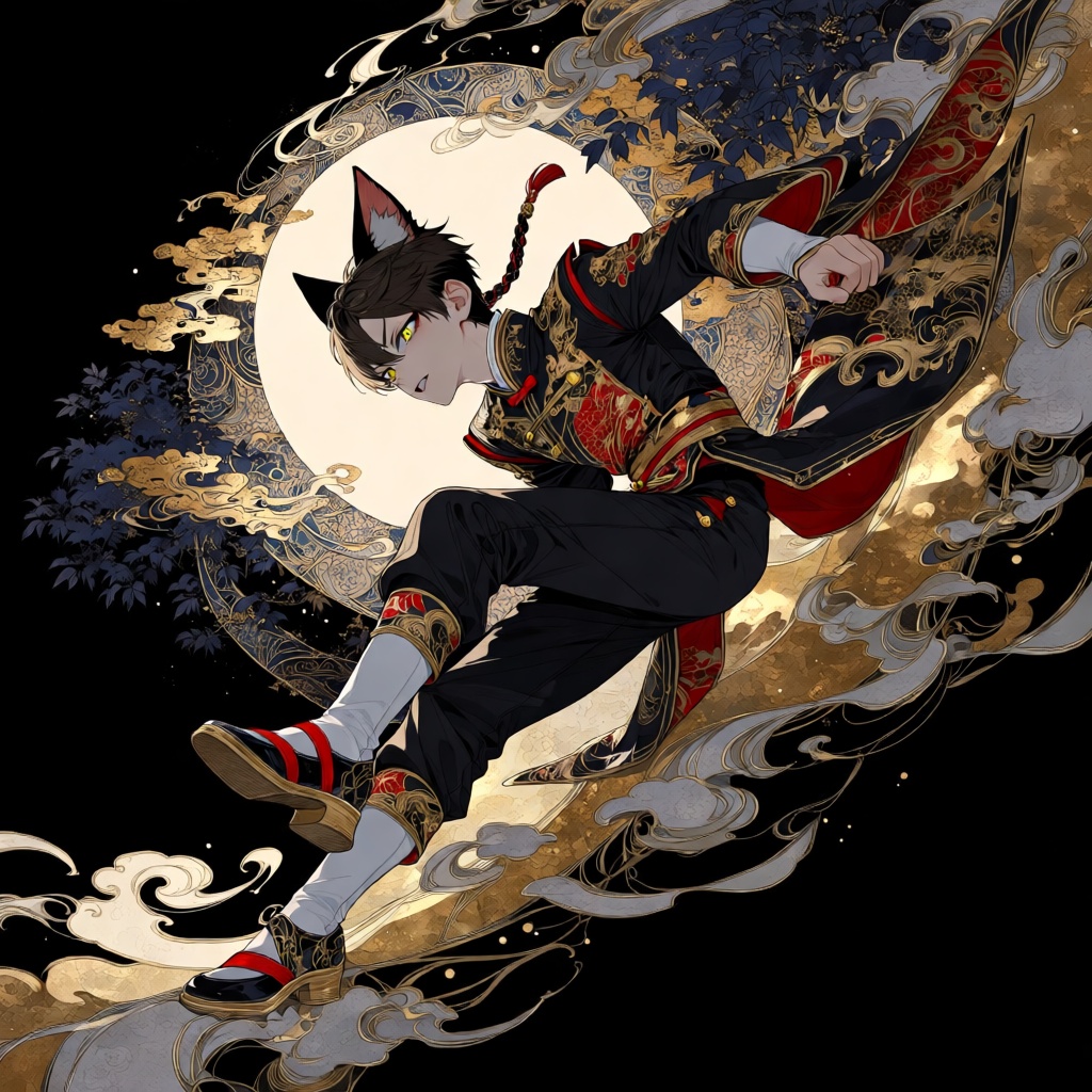 A dynamic mid-air shot of a swift young thief with piercing,  feline golden eyes,  leaping across abstract on Tensor.Art