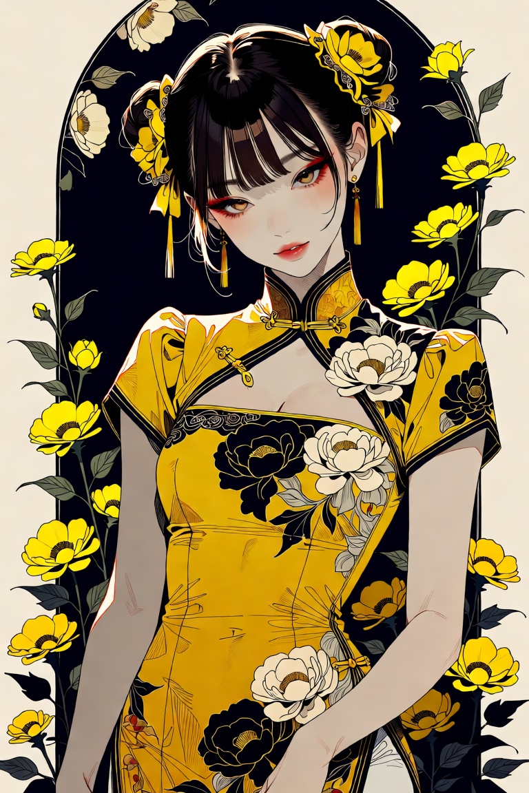 Create a pen and ink sketch image in a refined,  high-quality style. A single beautiful Chinese woman appears in an elegan...