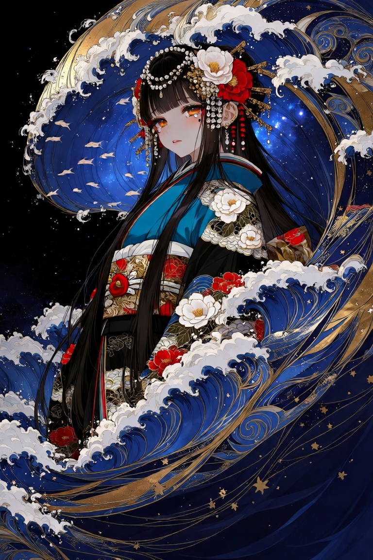A stunning full-body portrait of a graceful sea princess with long,  flowing dark hair adorned with intricate pearl and go...