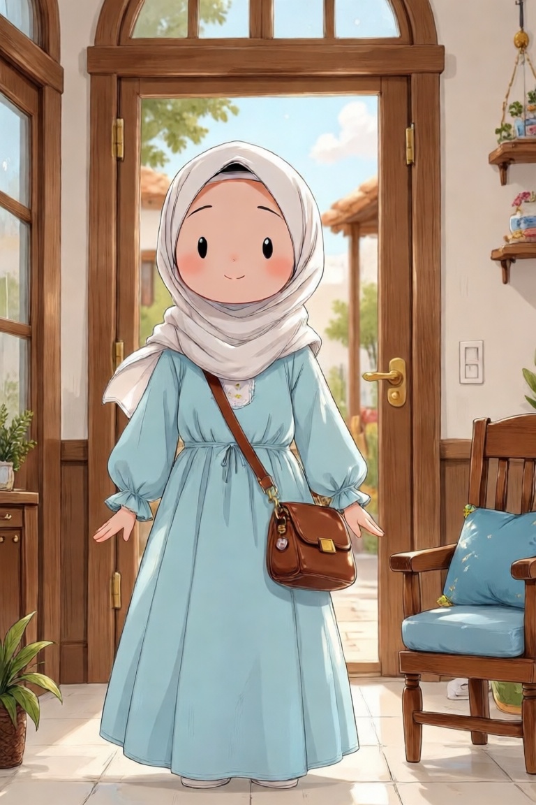 The image depicts a cartoon character dressed in a white hijab and a matching soft blue dress with long sleeves. The chara...