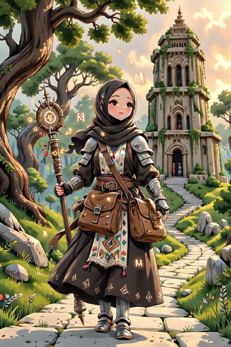 "A full-body digital illustration of a young hijab-wearing woman,  her olive-black hijab artfully practical with leather s...
