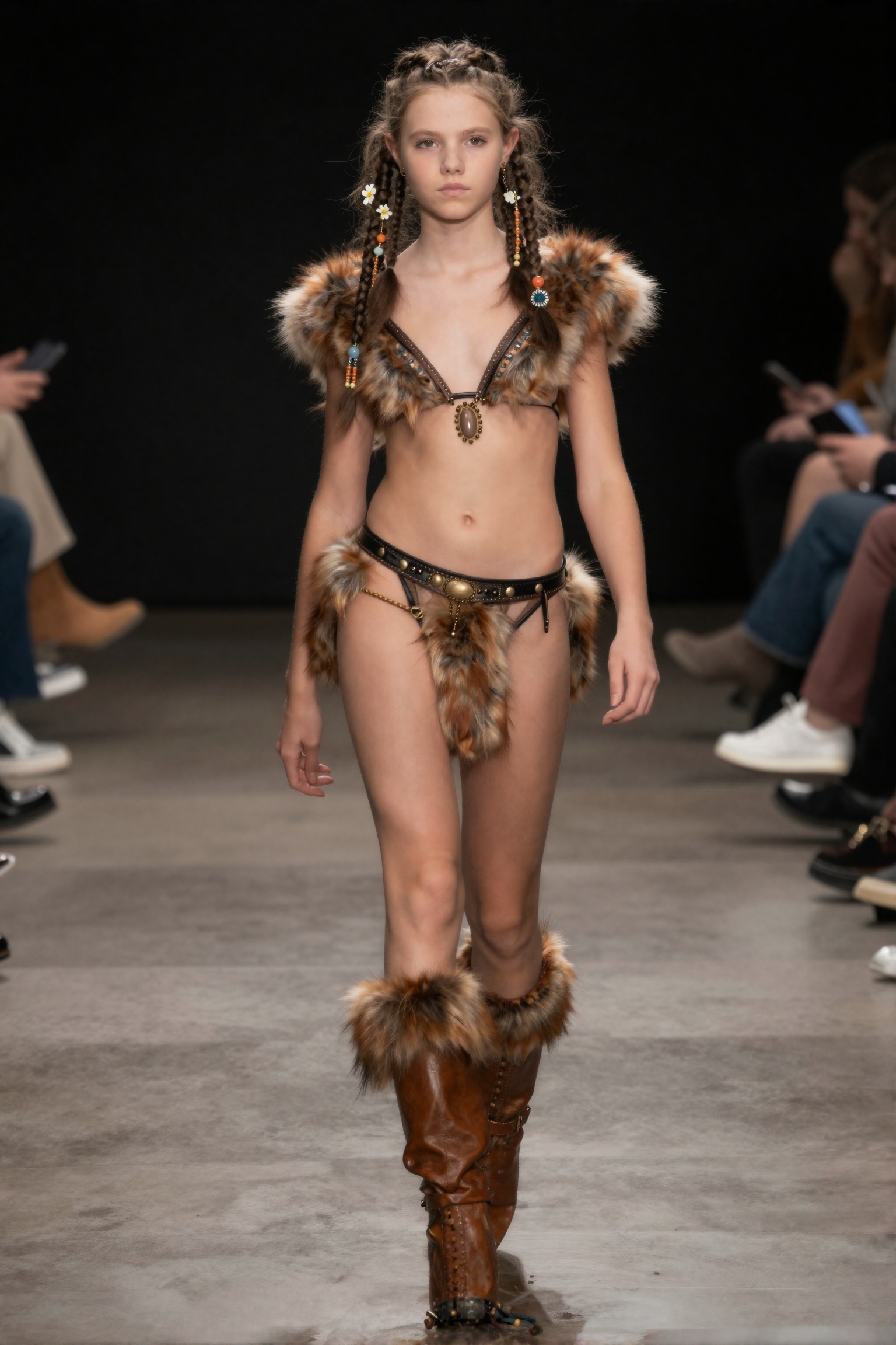 A young caucasian **** with porcelain skin,  walking the catwalk at a alternative fashion show. She's wearing fur-lined tr...