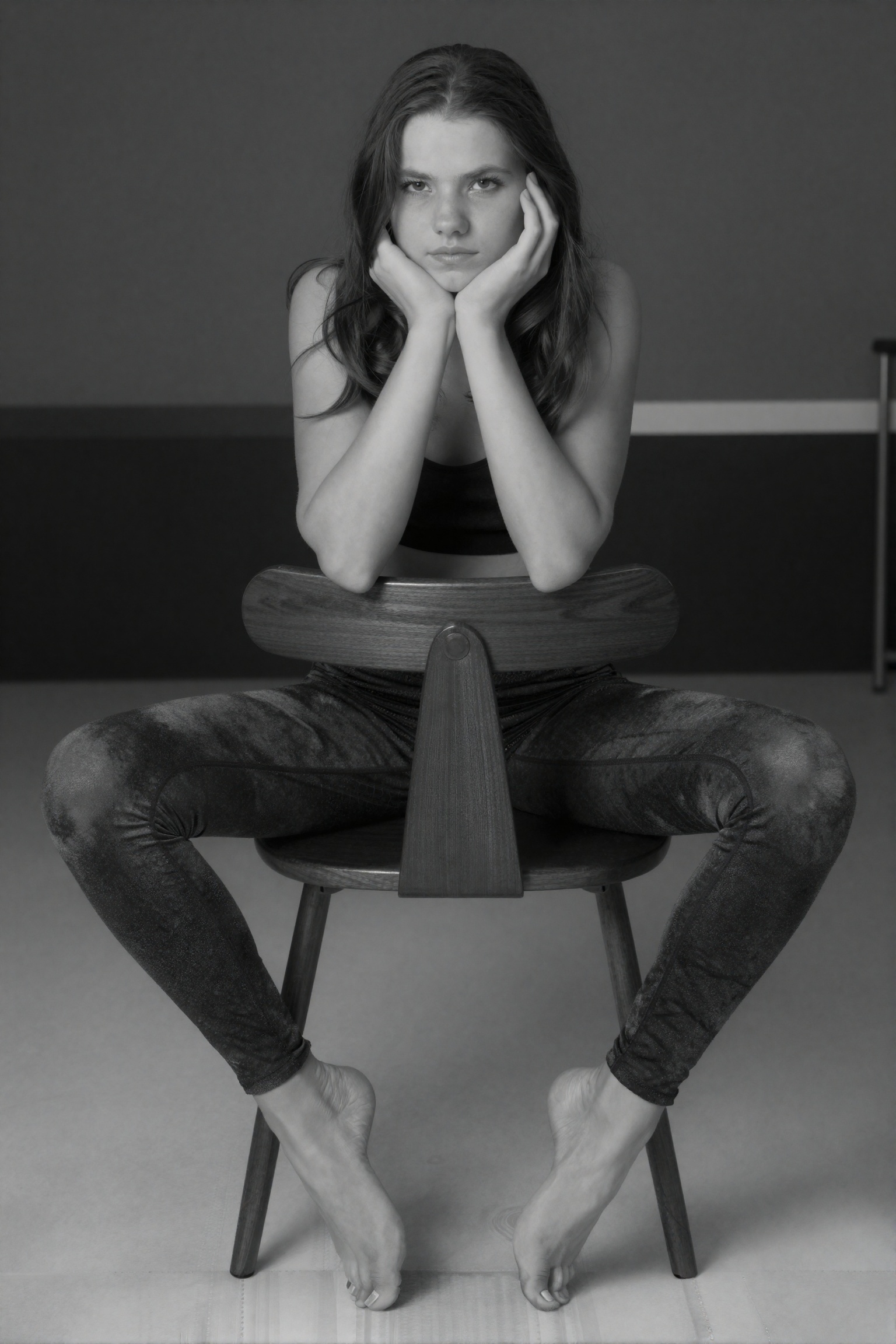 A black and white photo captures a young woman with a flirty expression,  wearing sleek patterened yoga pants,  sitting on...