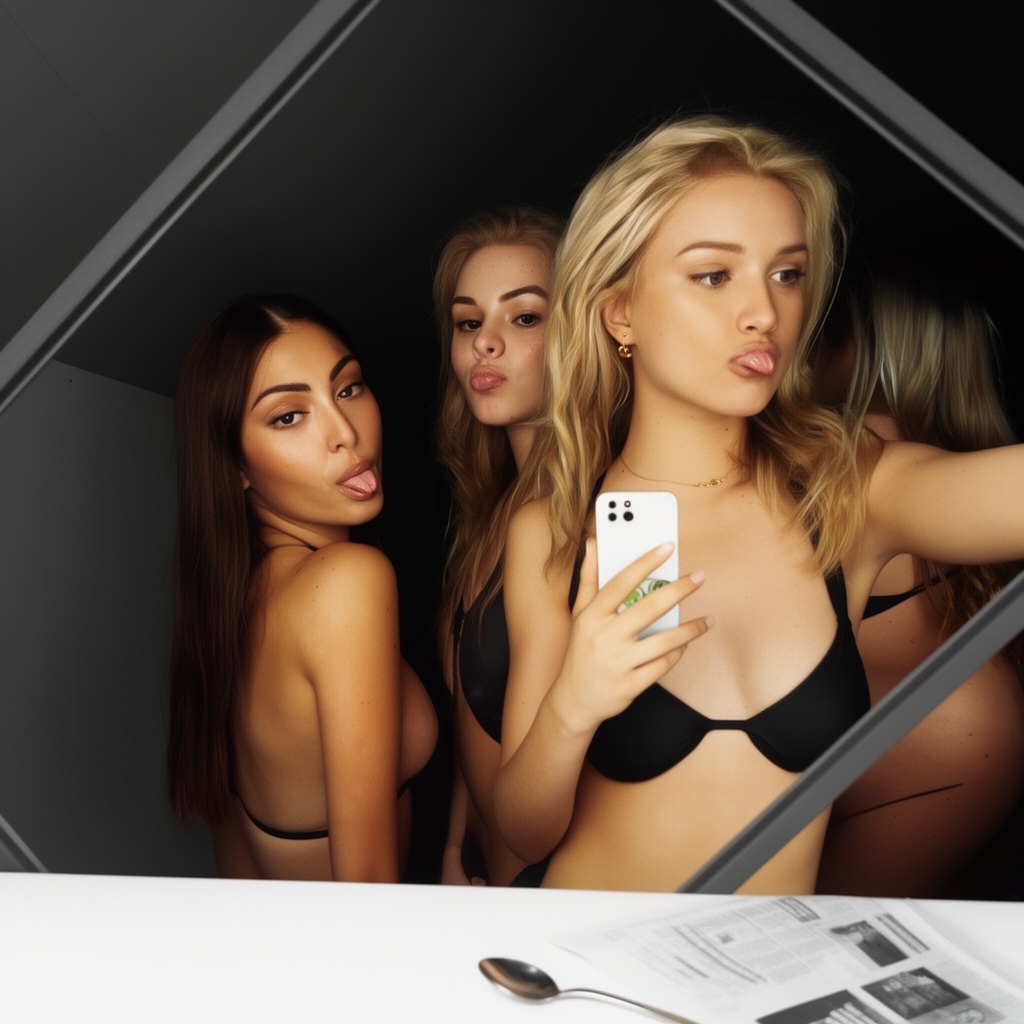 Photograph of four young women taking a selfie in a dimly lit room. The central woman,  with blonde,  wavy hair and light...