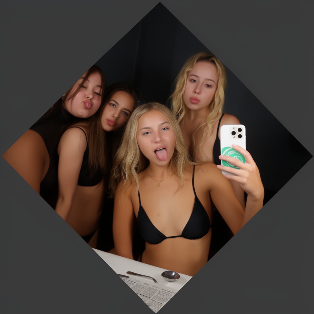 Photograph of four young women taking a selfie in a dimly lit room. The central woman,  with blonde,  wavy hair and light...