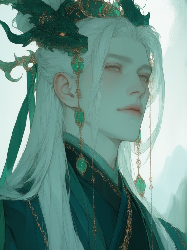 0mu0,  male with long silver-white hair tied with jade green ribbon,  soft grey eyes with golden flecks on Tensor.Art