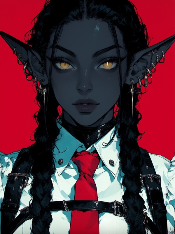 0mu0,  portrait,  dark-skinned elf with long black twin braids on Tensor.Art