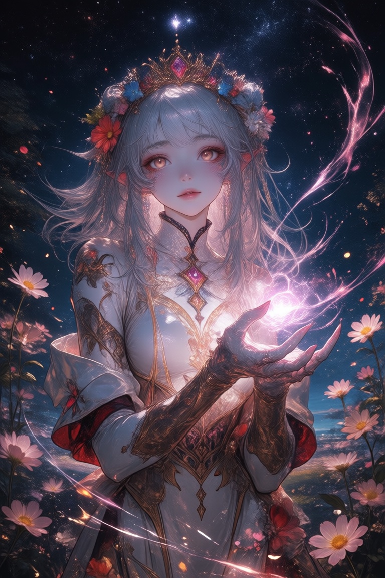 professional photography of an fantastical cute robot with whimsical elements,  flowers and swirling magic,  eerie fairyta...