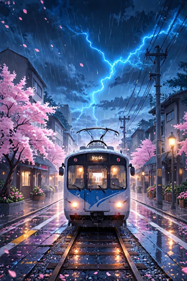 Street,  cherry tree,  train front in the middle of street on Tensor.Art