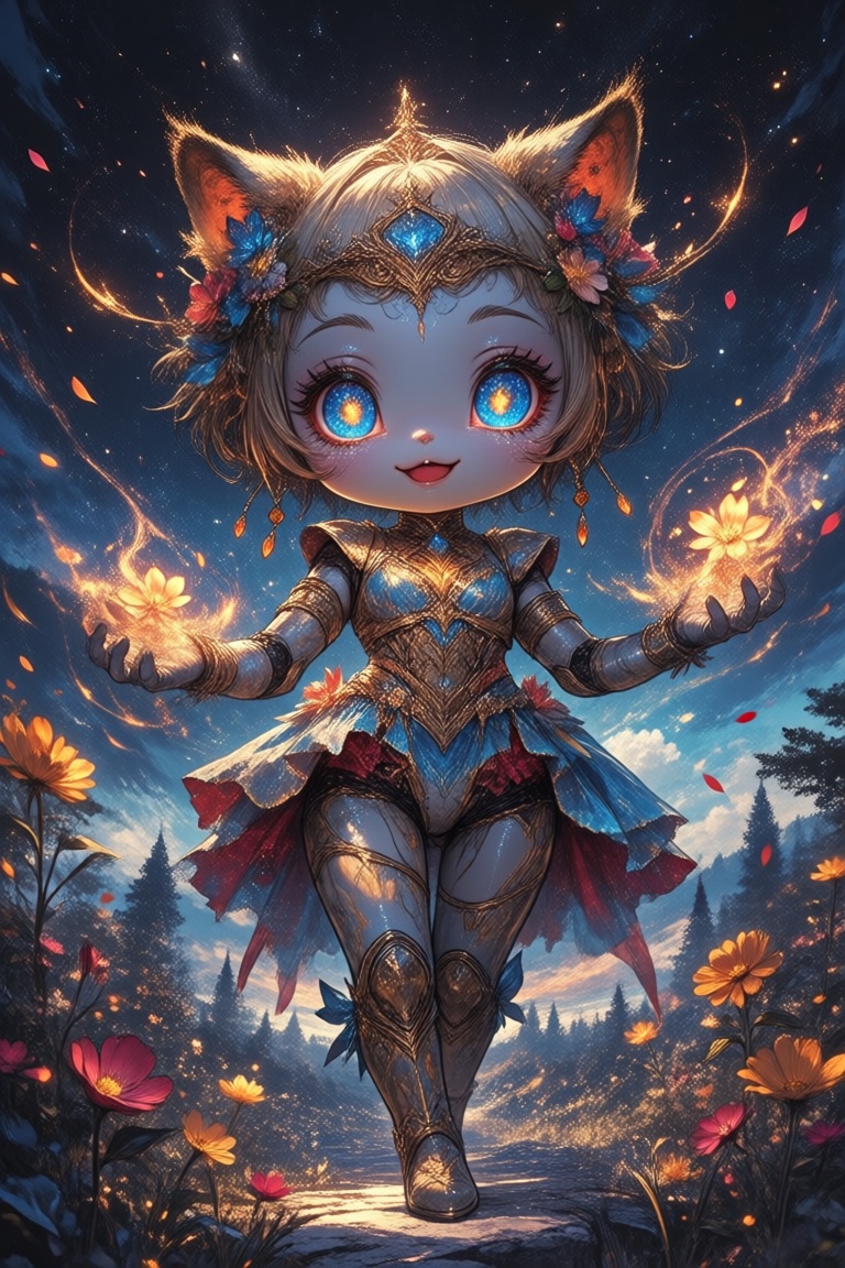 professional photography of an fantastical cute robot with whimsical elements,  flowers and swirling magic,  eerie fairyta...