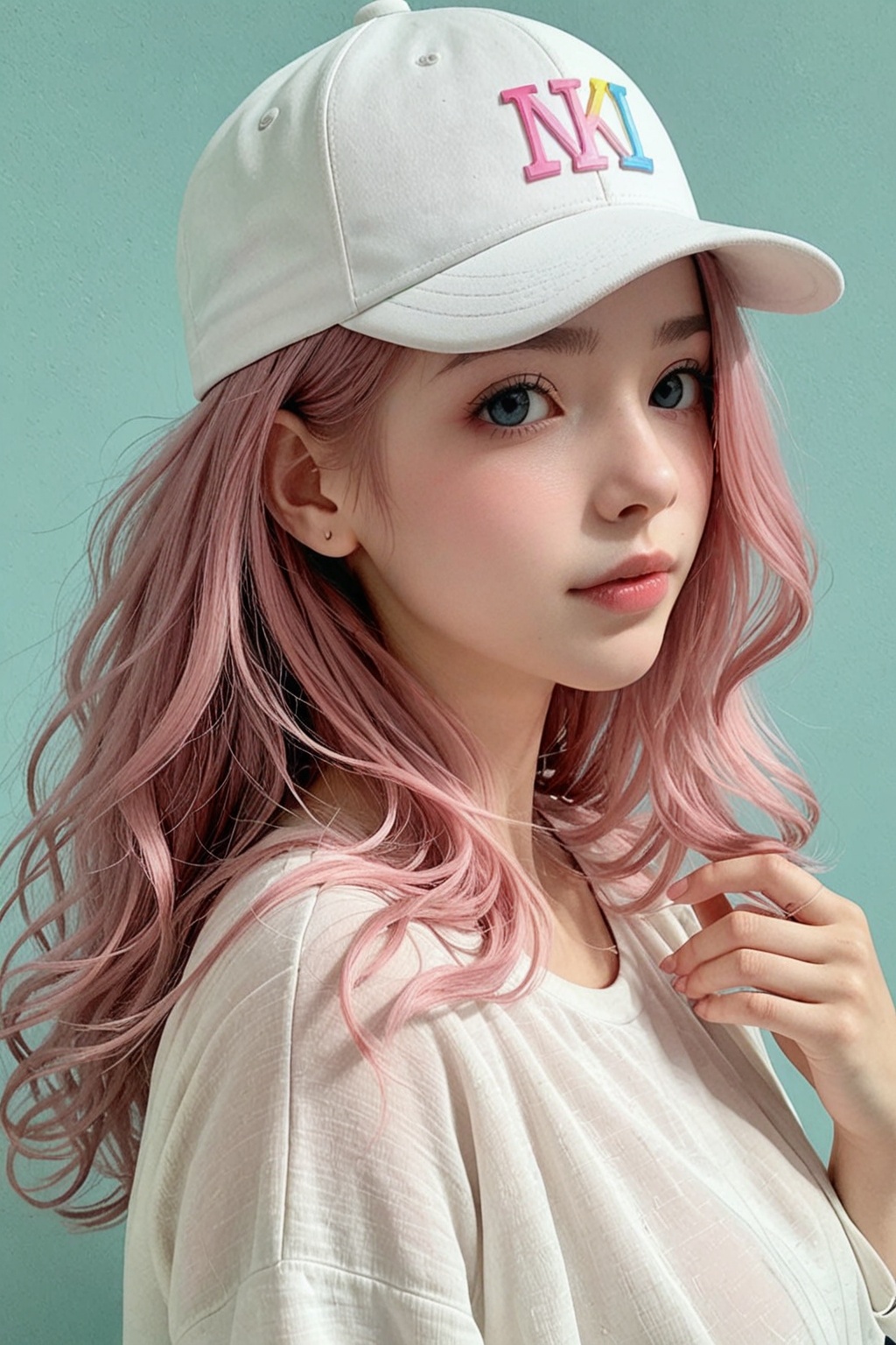 a beautiful girl wearing white and blue fashionable clothes. She has long white curly hair and a strand of pink hair. She...