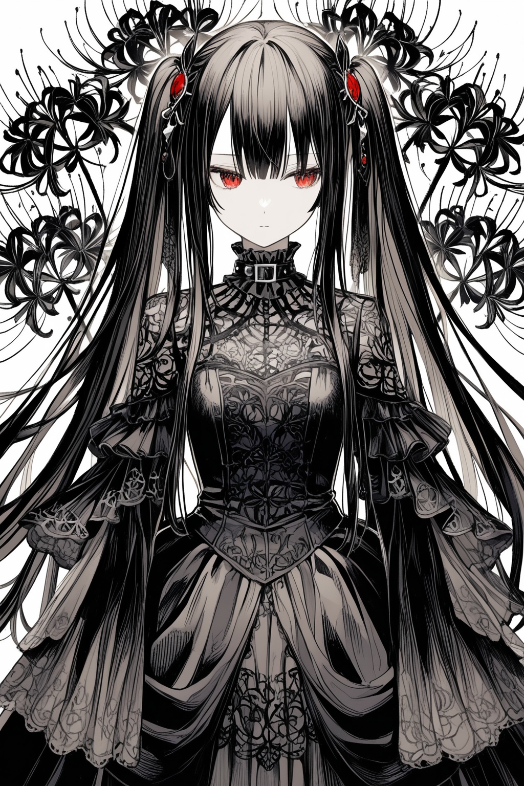 A solitary girl stands in a simple black dress with frills and hair ornaments,  her red eyes contrasting against the white...