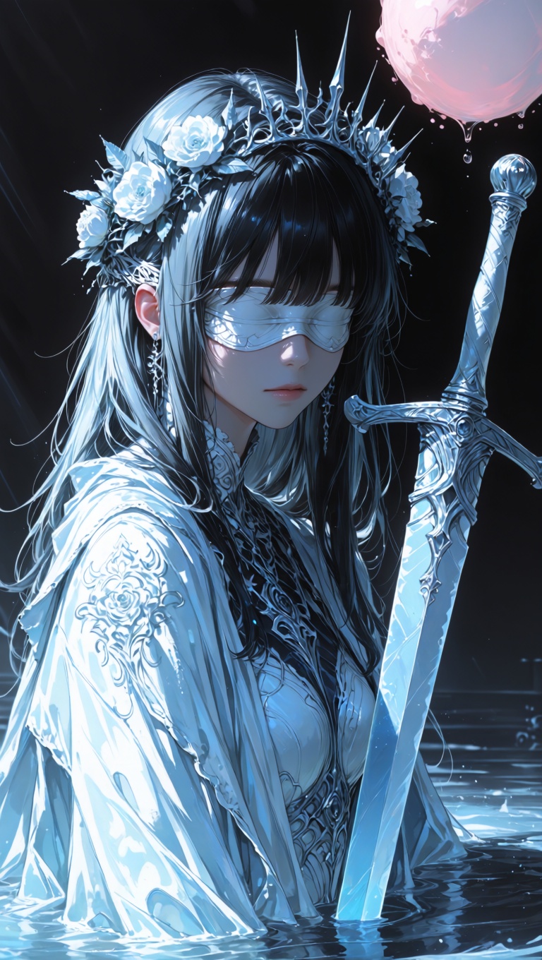 Hyper-realistic close-up digital illustration A young woman with blindfold,  positioned slightly off-center to the left of...