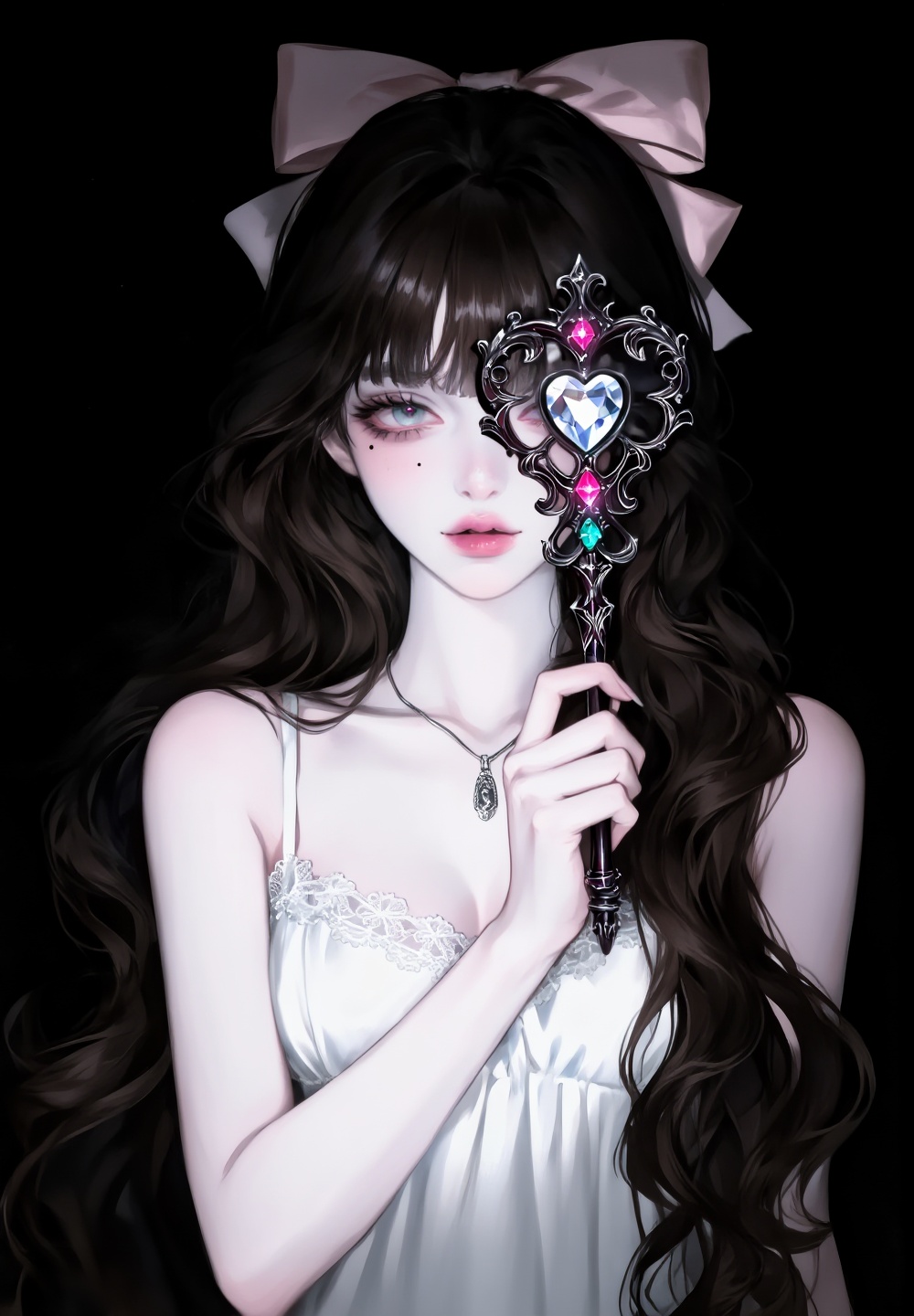 A beautiful,  moody portrait of a pale young woman set against a pitch-black background. She has long,  voluminous wavy da...