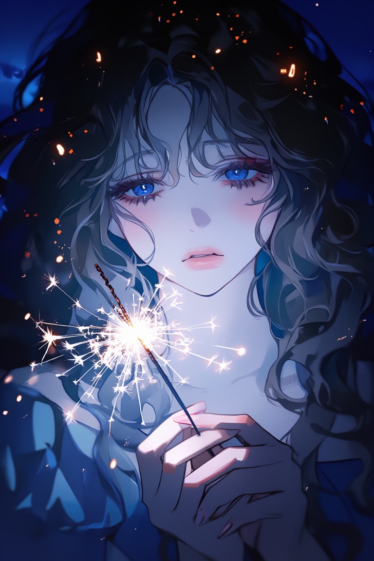 a close-up portrait of a melancholy girl with long curly hair. She holds a sparkler in her hands. She is expressionless,...
