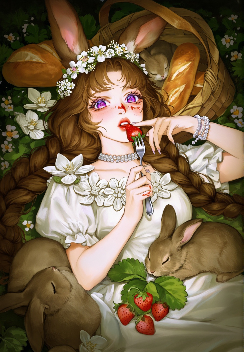 A beautifully detailed illustration viewed from a high angle,  looking down at a cute bunny woman lying on her back. She h...