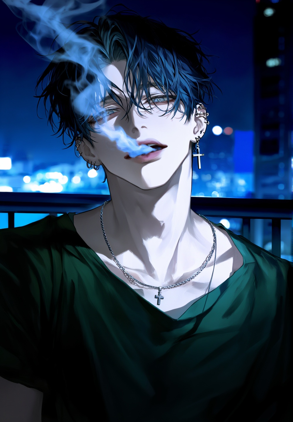 A moody,  expressive portrait of an edgy man exhaling a thick plume of light blue smoke from his slightly parted lips. He...