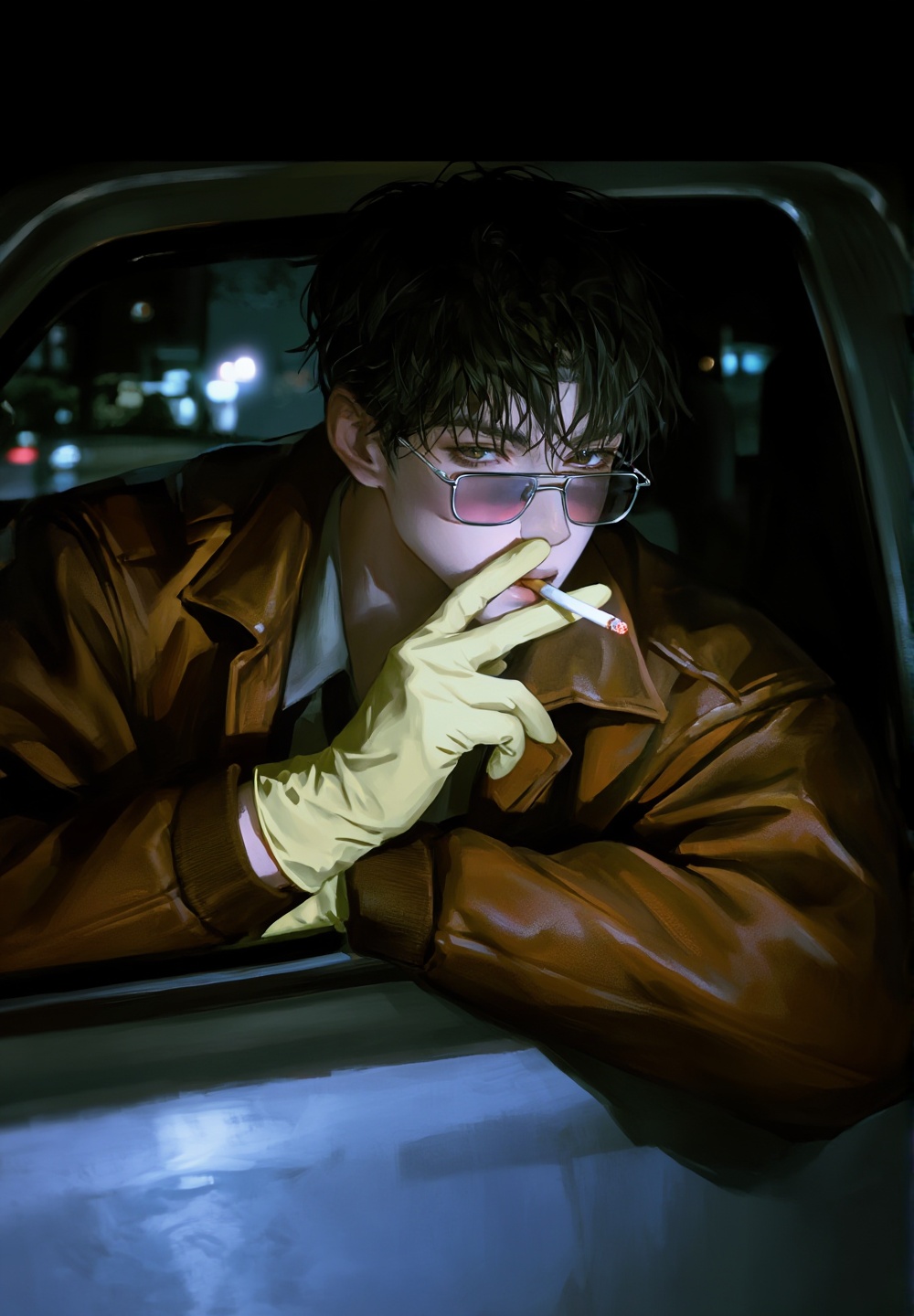 A young man leaning out of an open car window at night. He has messy,  short black hair and is staring intensely at the vi...
