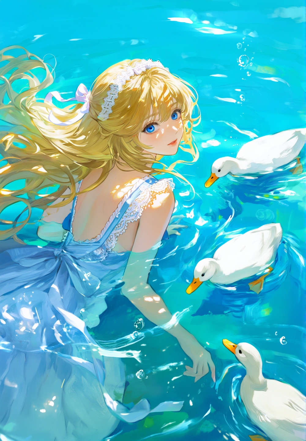A beautiful,  ethereal illustration of a pretty woman swimming in vibrant turquoise water. She has long blonde hair that f...