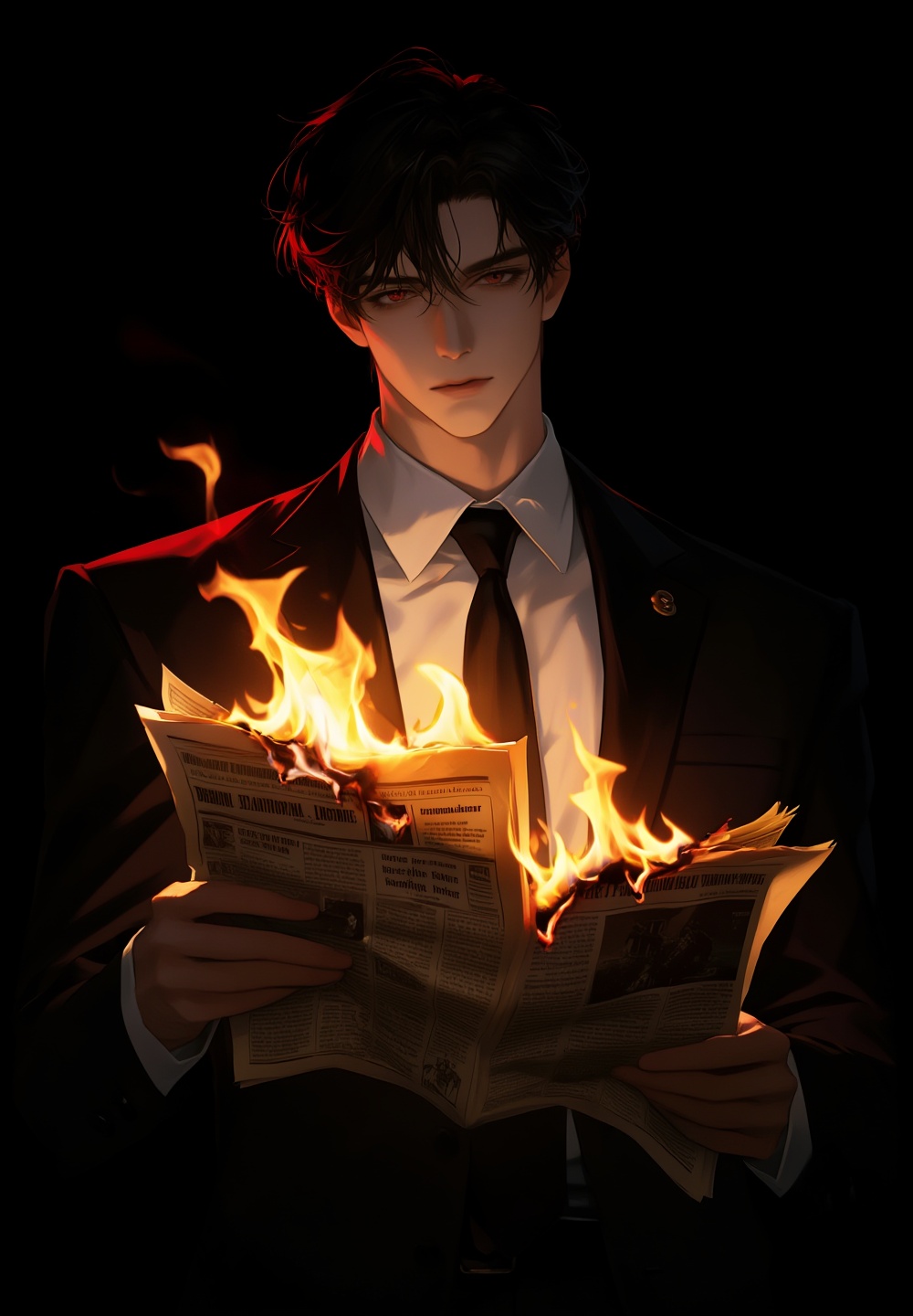 A handsome young man standing against a pitch-black background. He has slightly messy,  swept-back black hair and a seriou...
