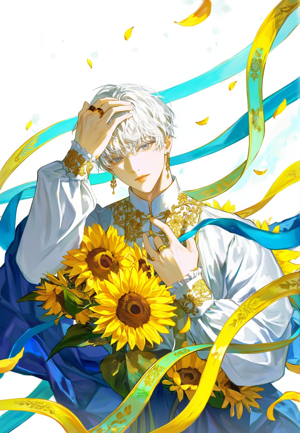 A bright,  elegantly illustration of a pale young man with short,  slightly messy white hair and soft grey eyes. He is loo...