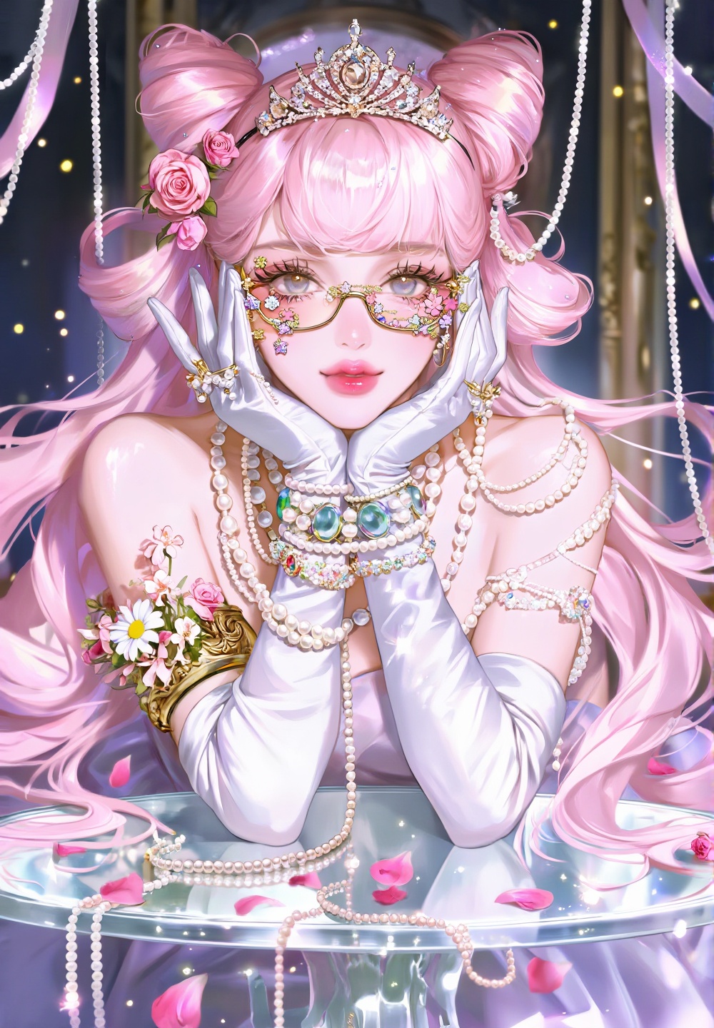 A highly detailed,  ethereal,  and luminous portrait of a beautiful pretty woman with long pastel pink hair styled in clas...