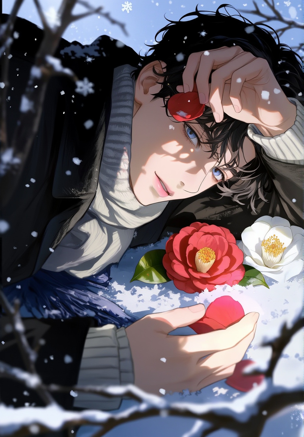 A beautiful,  highly detailed illustration of a handsome man lying on his side in the snow. He has messy,  wavy black hair...