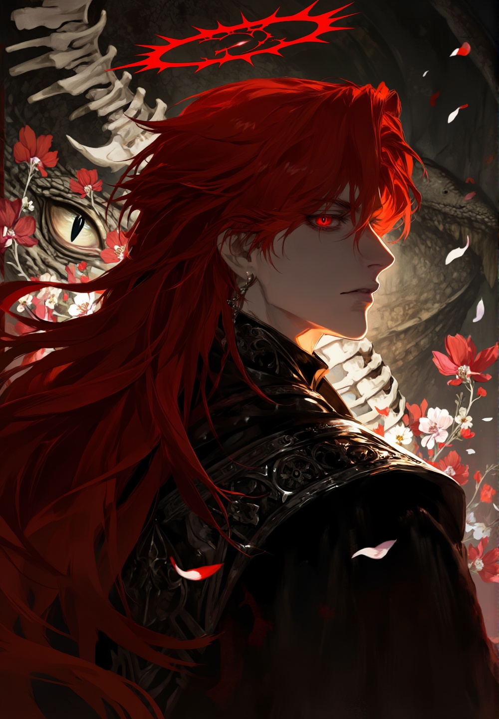 A dramatic,  dark fantasy painterly illustration of a striking man viewed in profile. He has incredibly long,  vibrant cri...