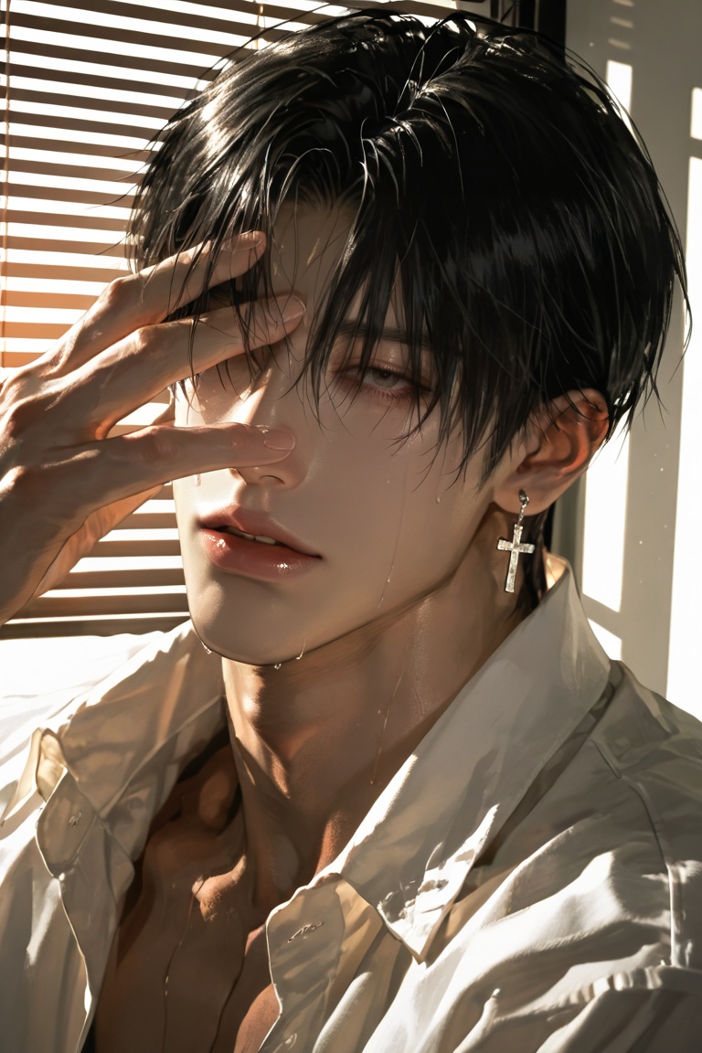 1 close-up handsome man,  wet black hair covering eyes,  silver cross earrings on Tensor.Art
