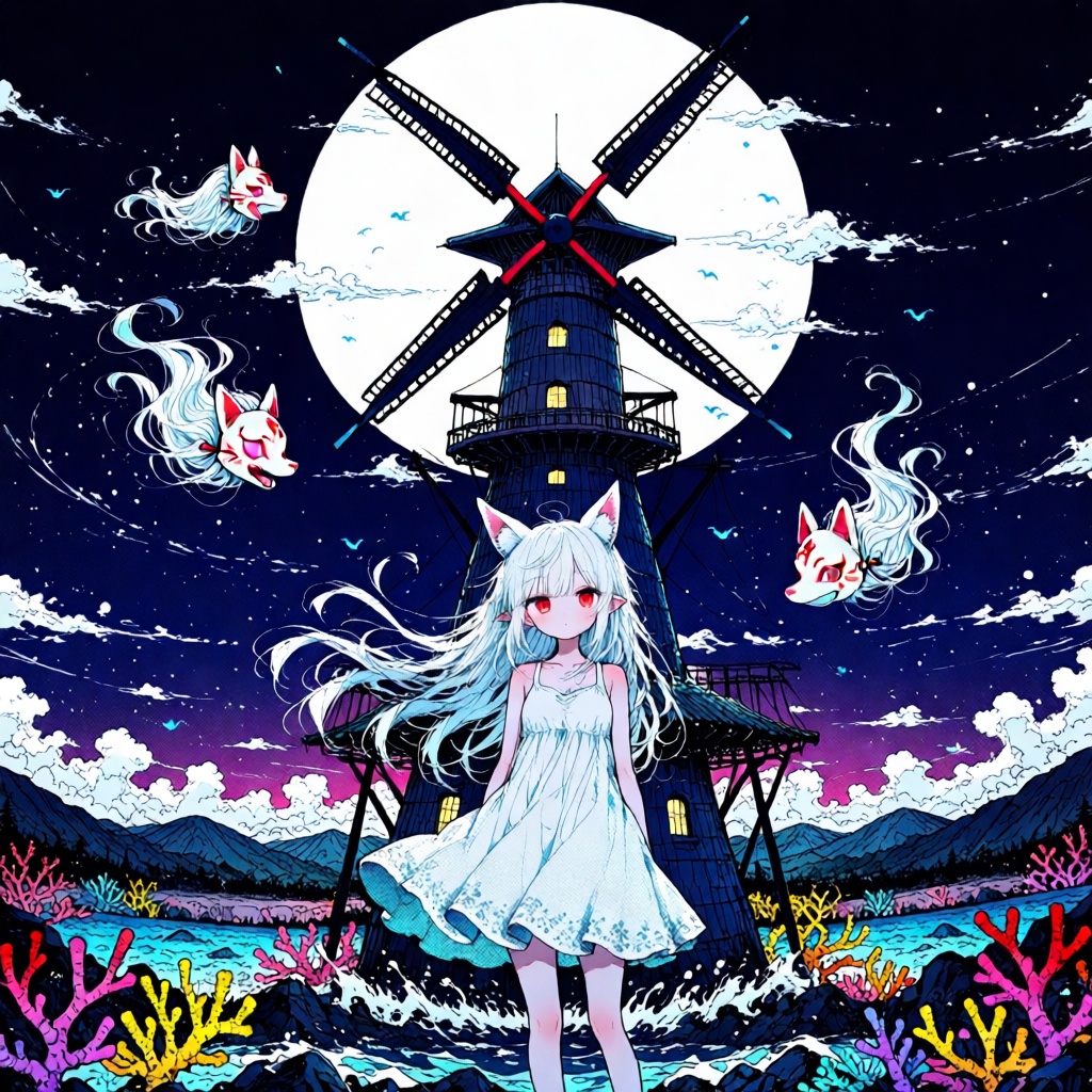 masterpiece,  1girl,  standing in front of a giant traditional japanese windmill on Tensor.Art