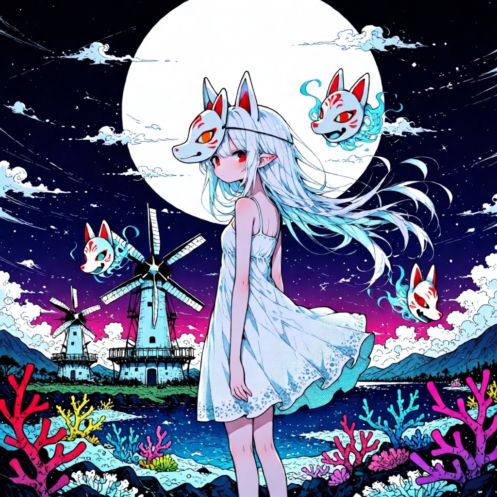 masterpiece,  1girl,  standing in front of a giant traditional japanese windmill on Tensor.Art
