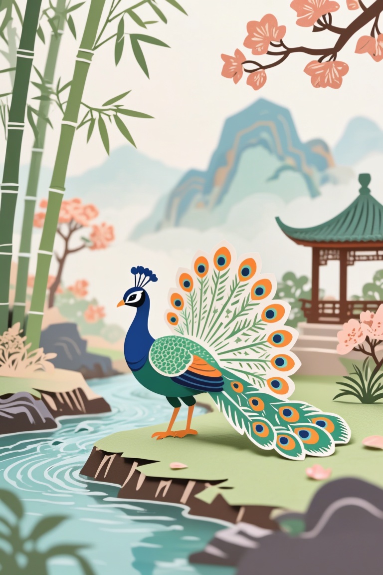 剪纸动画风格,  卡通化的剪纸绘画。画中有一只山孔雀,  正展示着它美丽的羽毛。中国传统剪纸绘画风格 by 一起旅行 on Tensor.Art