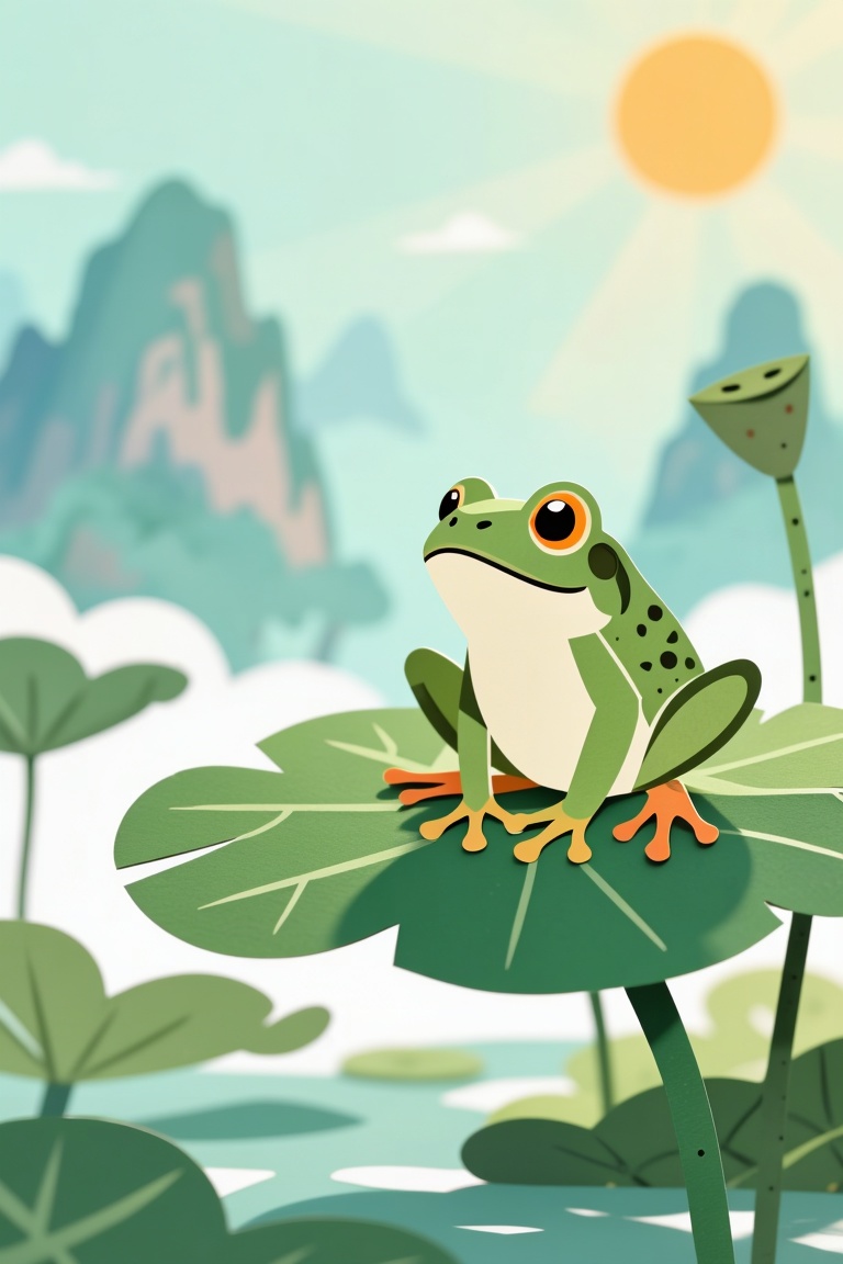 The paper-cut animation style is simply cartoonish,  in Chinese comic style. A frog sits on the lotus leaf,  the sun is sh...