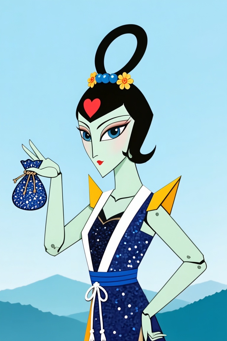 中国传统剪纸艺术风格的女性,  面部瘦削呈尖下巴,  淡绿色皮肤 by 一起旅行 on Tensor.Art