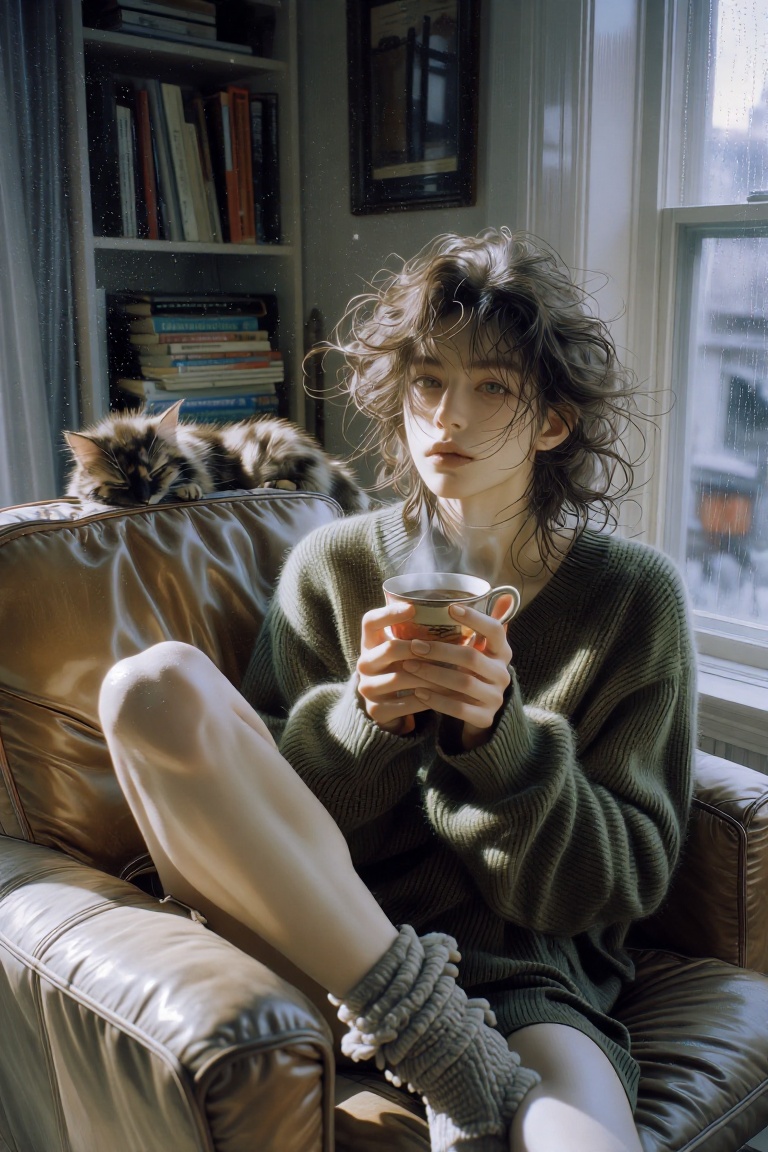 A candid,  cinematic photograph from within a cozy apartment living room on a lazy,  rainy Sunday afternoon. The soft on T...