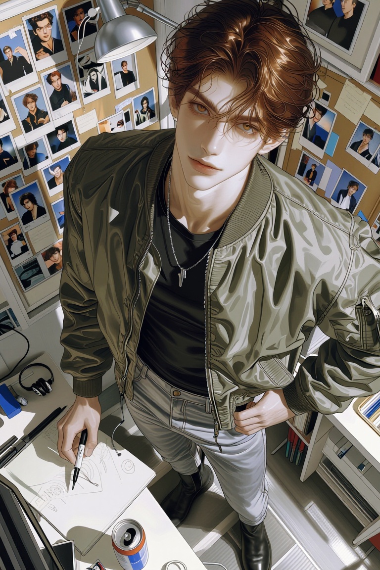 A high-quality digital illustration of a handsome young man with pale skin,  short wavy chestnut brown hair neatly styled,...