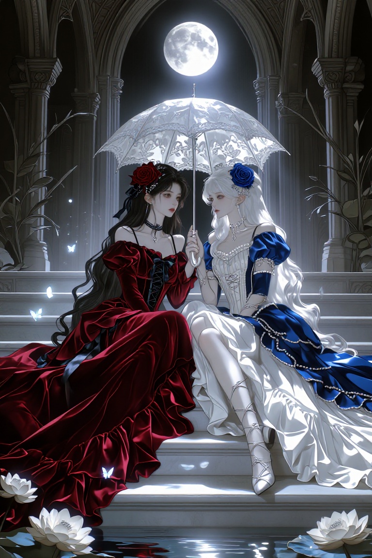 full-body composition of two elegant women seated gracefully side-by-side on wide marble steps beneath a towering gothic a...