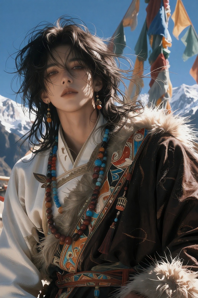 A person with long dark windswept hair is wearing intricate,  traditional attire adorned with multicolored beads and fur t...
